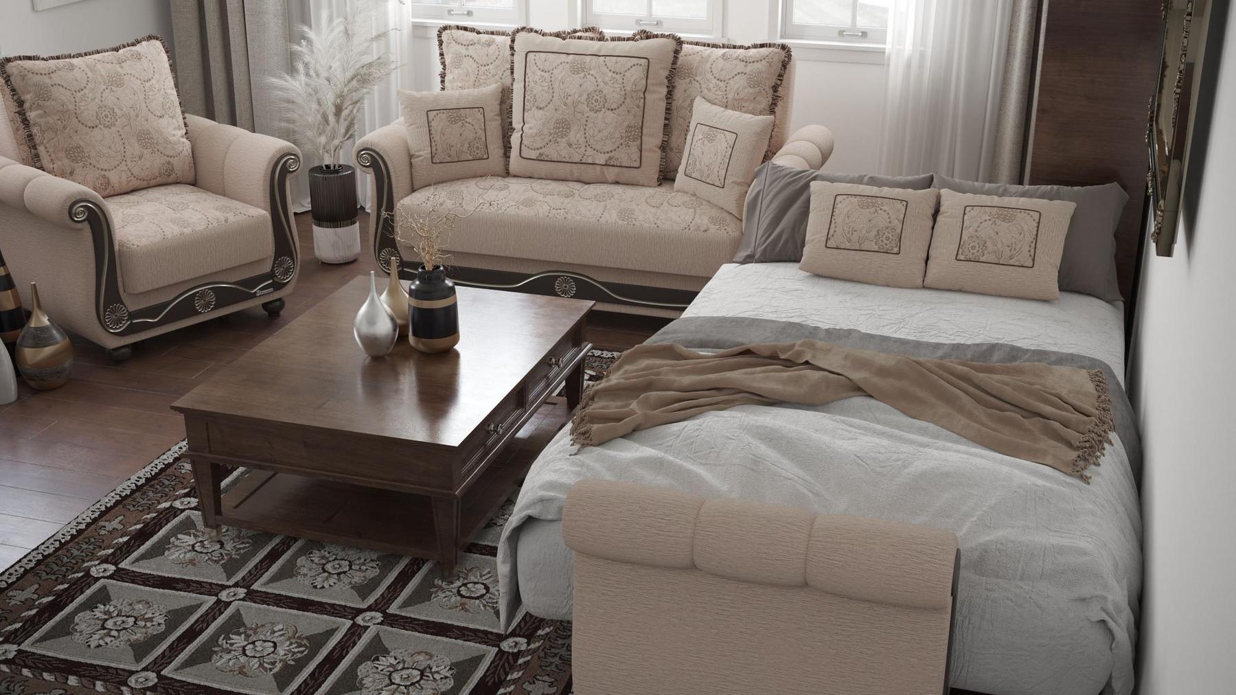 Lawson design, Linen Color , Chenille  upholstered convertible Armchair with underseat storage from Victoria by Ottomanson in living room lifestyle setting converted to sleeper. This Armchair measures 41 inches width by 40 inches depth by 40 inches height.