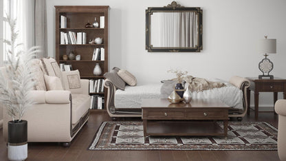 Lawson design, Linen Color , Chenille  upholstered convertible sleeper Sofabed with underseat storage from Victoria by Ottomanson in living room lifestyle setting converted to sleeper. This Sofabed measures 95 inches width by 40 inches depth by 40 inches height.