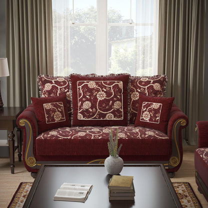 Lawson design, Burgundy , Chenille upholstered convertible sleeper Loveseat with underseat storage from Victoria by Ottomanson in living room lifestyle setting by itself. This Loveseat measures 71 inches width by 40 inches depth by 40 inches height.