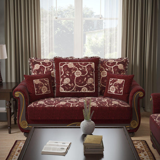 Lawson design, Burgundy , Chenille upholstered convertible sleeper Loveseat with underseat storage from Victoria by Ottomanson in living room lifestyle setting by itself. This Loveseat measures 71 inches width by 40 inches depth by 40 inches height.