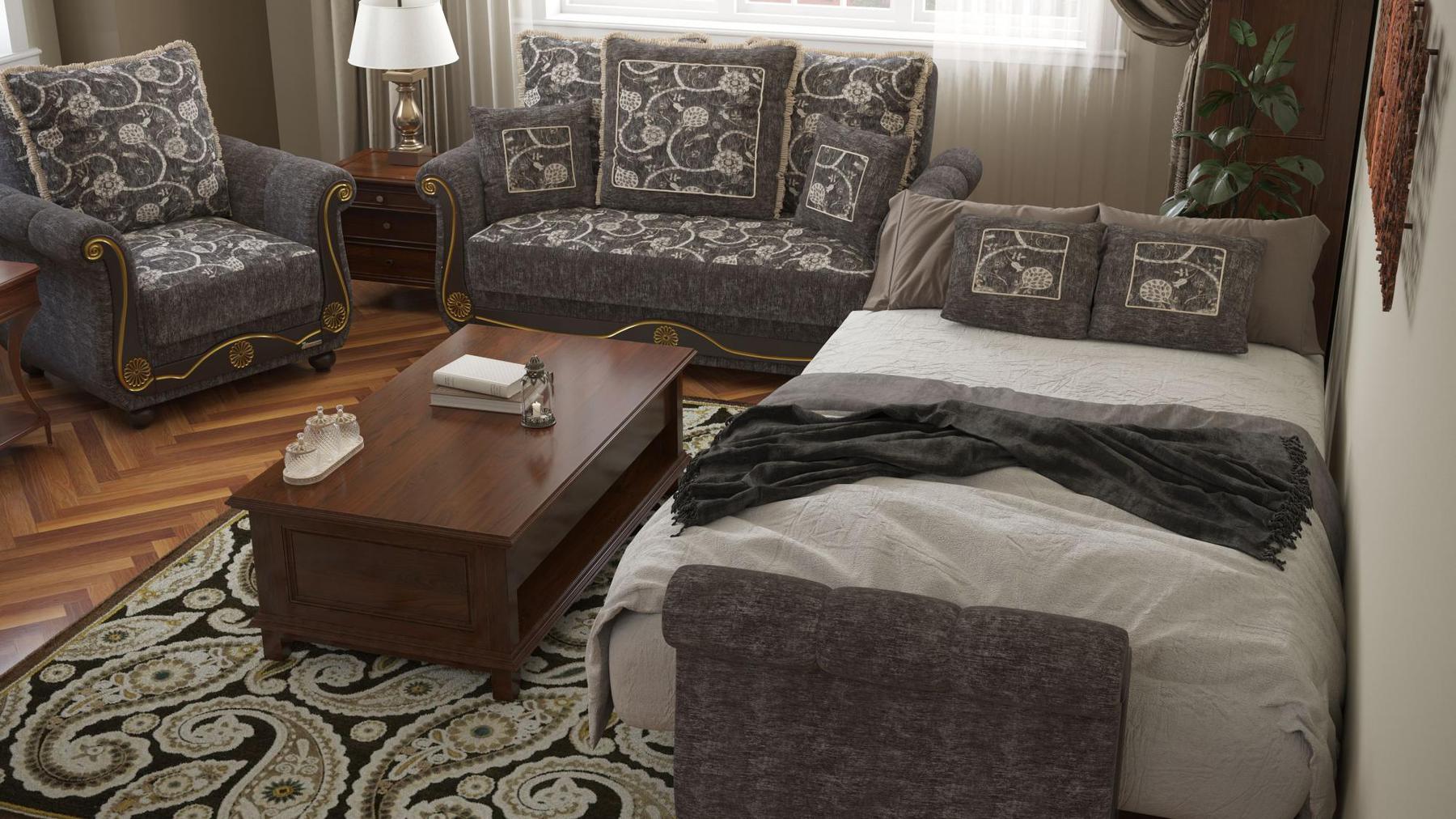 Lawson design, Silver , Chenille  upholstered convertible Armchair with underseat storage from Victoria by Ottomanson in living room lifestyle setting converted to sleeper. This Armchair measures 41 inches width by 40 inches depth by 40 inches height.
