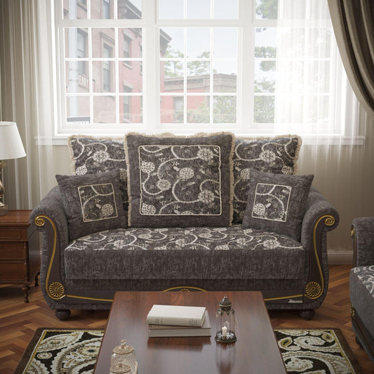 Lawson design, Silver , Chenille upholstered convertible sleeper Loveseat with underseat storage from Victoria by Ottomanson in living room lifestyle setting by itself. This Loveseat measures 71 inches width by 40 inches depth by 40 inches height.