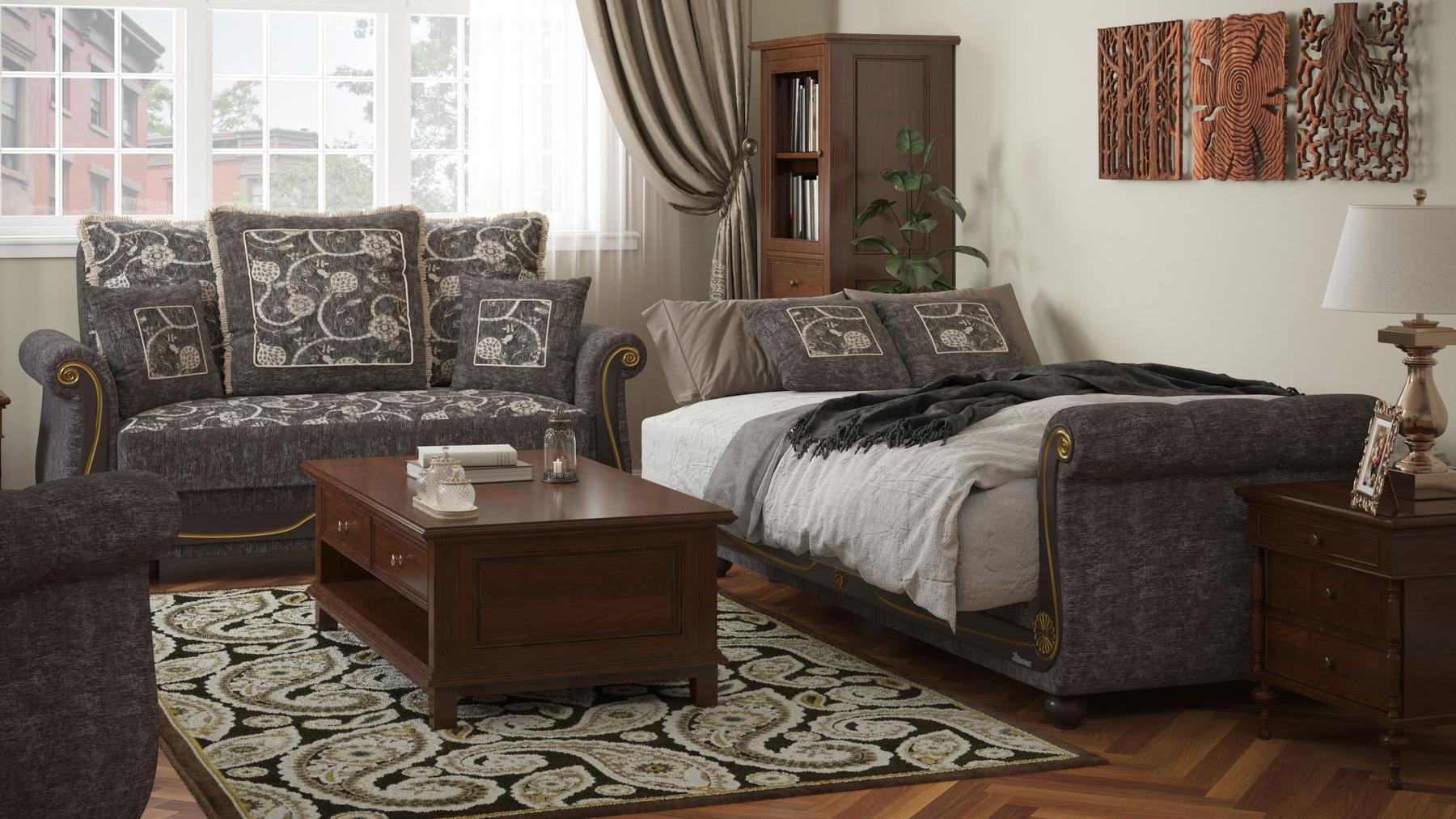 Lawson design, Silver , Chenille  upholstered convertible sleeper Loveseat with underseat storage from Victoria by Ottomanson in living room lifestyle setting converted to sleeper. This Loveseat measures 71 inches width by 40 inches depth by 40 inches height.