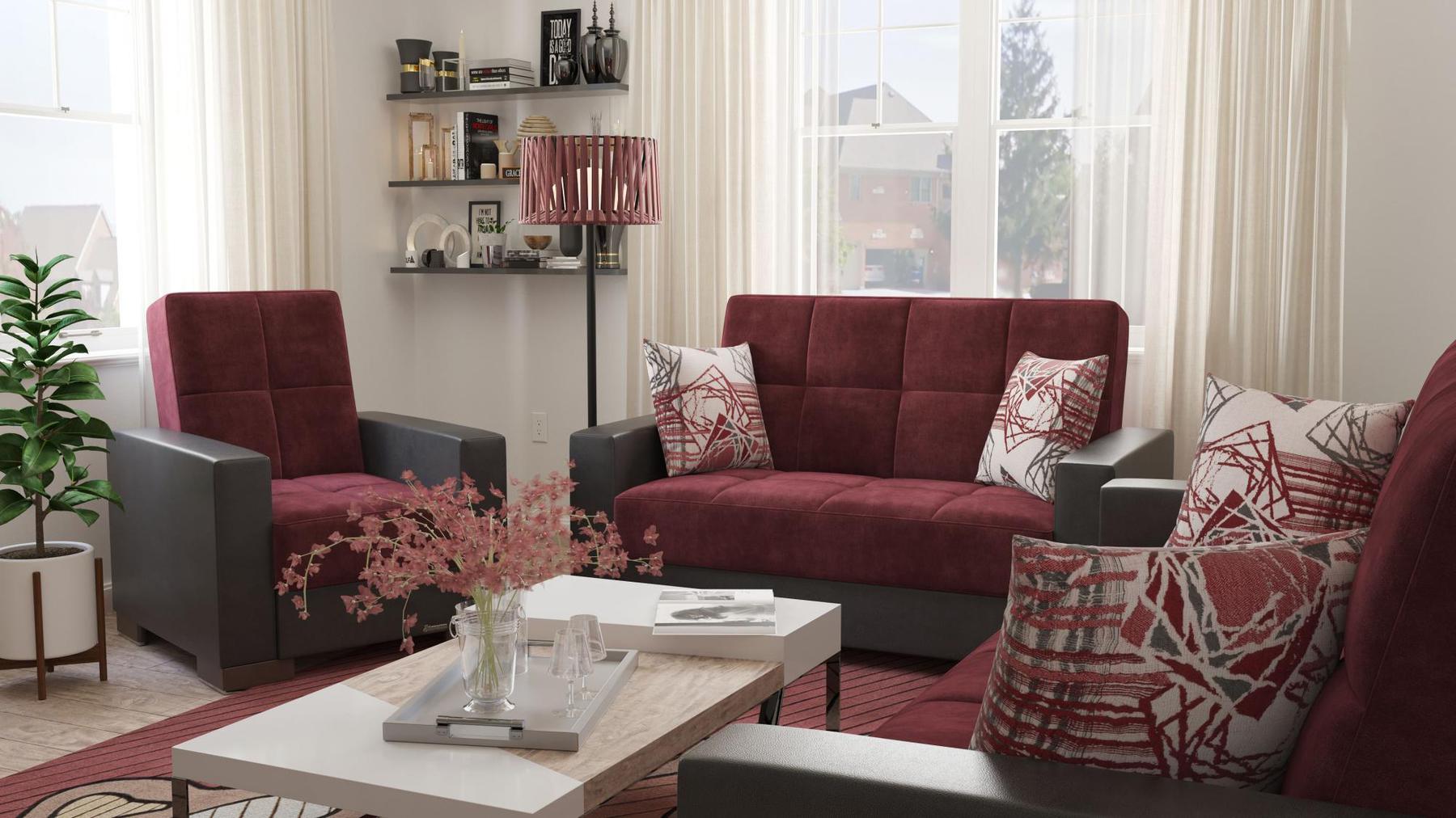 Modern design, Beaujolais, Black , Microfiber, Artificial Leather upholstered convertible Armchair with underseat storage from Voyage Track by Ottomanson in living room lifestyle setting with another piece of furniture. This Armchair measures 38 inches width by 36 inches depth by 41 inches height.