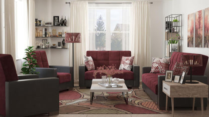 Modern design, Beaujolais, Black , Microfiber, Artificial Leather upholstered convertible Armchair with underseat storage from Voyage Track by Ottomanson in living room lifestyle setting with the matching furniture set. This Armchair measures 38 inches width by 36 inches depth by 41 inches height.