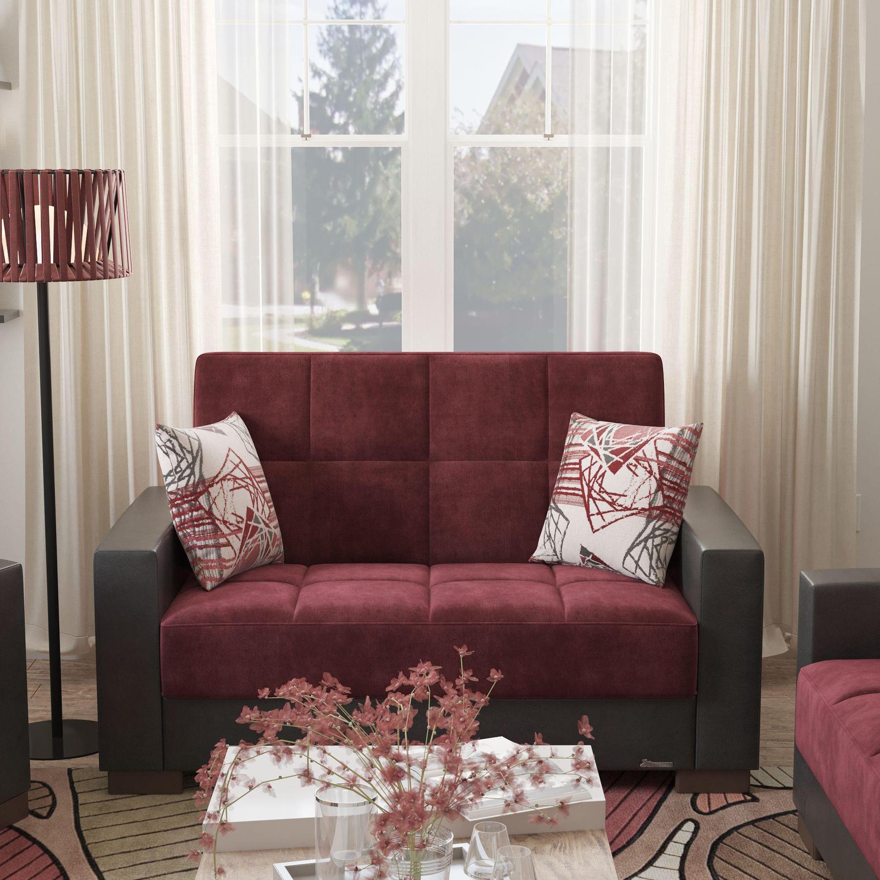 Modern design, Beaujolais, Black , Microfiber, Artificial Leather upholstered convertible sleeper Loveseat with underseat storage from Voyage Track by Ottomanson in living room lifestyle setting by itself. This Loveseat measures 67 inches width by 36 inches depth by 41 inches height.