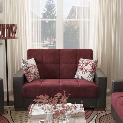 Modern design, Beaujolais, Black , Microfiber, Artificial Leather upholstered convertible sleeper Loveseat with underseat storage from Voyage Track by Ottomanson in living room lifestyle setting by itself. This Loveseat measures 67 inches width by 36 inches depth by 41 inches height.