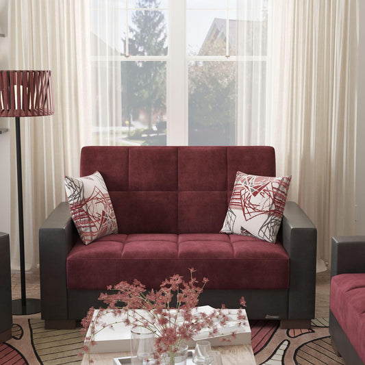 Modern design, Beaujolais, Black , Microfiber, Artificial Leather upholstered convertible sleeper Loveseat with underseat storage from Voyage Track by Ottomanson in living room lifestyle setting by itself. This Loveseat measures 67 inches width by 36 inches depth by 41 inches height.