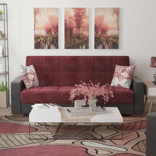 Modern design, Beaujolais, Black , Microfiber, Artificial Leather upholstered convertible sleeper Sofabed with underseat storage from Voyage Track by Ottomanson in living room lifestyle setting by itself. This Sofabed measures 90 inches width by 36 inches depth by 41 inches height.