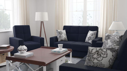 Modern design, Black Blue Denim , Chenille upholstered convertible Armchair with underseat storage from Voyage Track by Ottomanson in living room lifestyle setting with another piece of furniture. This Armchair measures 38 inches width by 36 inches depth by 41 inches height.