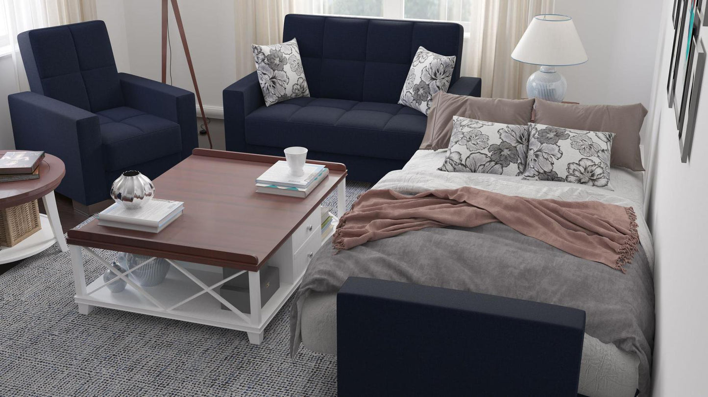 Modern design, Black Blue Denim , Chenille  upholstered convertible Armchair with underseat storage from Voyage Track by Ottomanson in living room lifestyle setting converted to sleeper. This Armchair measures 38 inches width by 36 inches depth by 41 inches height.