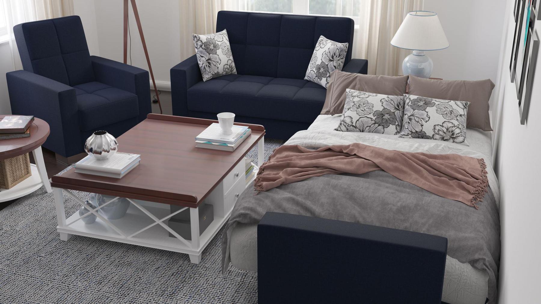 Modern design, Black Blue Denim , Chenille  upholstered convertible Armchair with underseat storage from Voyage Track by Ottomanson in living room lifestyle setting converted to sleeper. This Armchair measures 38 inches width by 36 inches depth by 41 inches height.