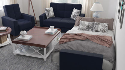 Modern design, Black Blue Denim , Chenille  upholstered convertible Armchair with underseat storage from Voyage Track by Ottomanson in living room lifestyle setting converted to sleeper. This Armchair measures 38 inches width by 36 inches depth by 41 inches height.
