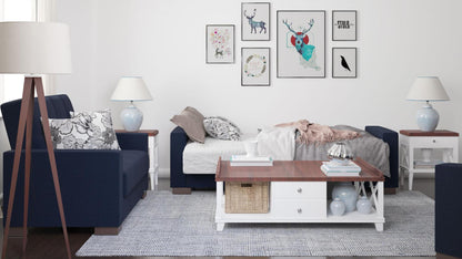 Modern design, Black Blue Denim , Chenille  upholstered convertible sleeper Sofabed with underseat storage from Voyage Track by Ottomanson in living room lifestyle setting converted to sleeper. This Sofabed measures 90 inches width by 36 inches depth by 41 inches height.