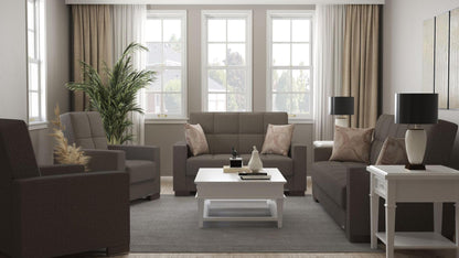 Modern design, Tannin Brown , Chenille upholstered convertible Armchair with underseat storage from Voyage Track by Ottomanson in living room lifestyle setting with the matching furniture set. This Armchair measures 38 inches width by 36 inches depth by 41 inches height.