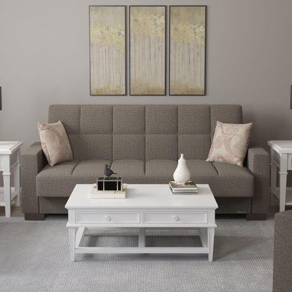 Modern design, Tannin Brown , Chenille upholstered convertible sleeper Sofabed with underseat storage from Voyage Track by Ottomanson in living room lifestyle setting by itself. This Sofabed measures 90 inches width by 36 inches depth by 41 inches height.