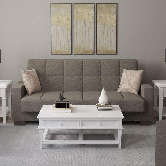 Modern design, Tannin Brown , Chenille upholstered convertible sleeper Sofabed with underseat storage from Voyage Track by Ottomanson in living room lifestyle setting by itself. This Sofabed measures 90 inches width by 36 inches depth by 41 inches height.