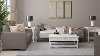 Modern design, Tannin Brown , Chenille  upholstered convertible sleeper Sofabed with underseat storage from Voyage Track by Ottomanson in living room lifestyle setting converted to sleeper. This Sofabed measures 90 inches width by 36 inches depth by 41 inches height.