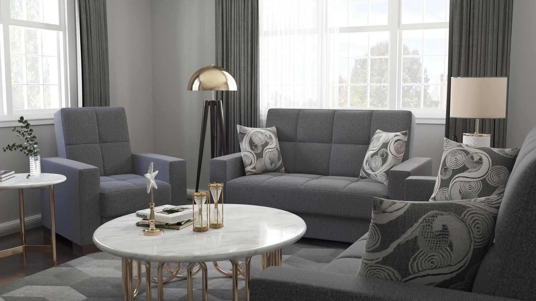 Modern design, Salt and Pepper Gray , Chenille upholstered convertible Armchair with underseat storage from Voyage Track by Ottomanson in living room lifestyle setting with another piece of furniture. This Armchair measures 38 inches width by 36 inches depth by 41 inches height.