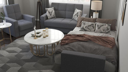 Modern design, Salt and Pepper Gray , Chenille  upholstered convertible Armchair with underseat storage from Voyage Track by Ottomanson in living room lifestyle setting converted to sleeper. This Armchair measures 38 inches width by 36 inches depth by 41 inches height.
