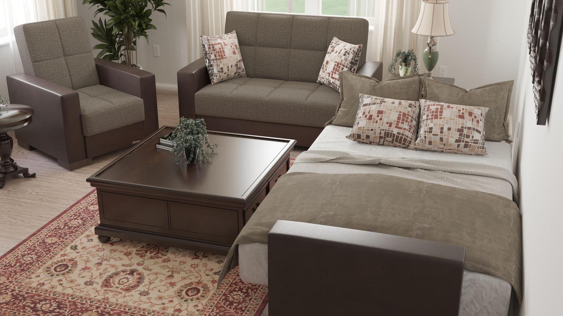 Modern design, Tannin Brown, Dark Brown , Chenille, Artificial Leather  upholstered convertible Armchair with underseat storage from Voyage Track by Ottomanson in living room lifestyle setting converted to sleeper. This Armchair measures 38 inches width by 36 inches depth by 41 inches height.