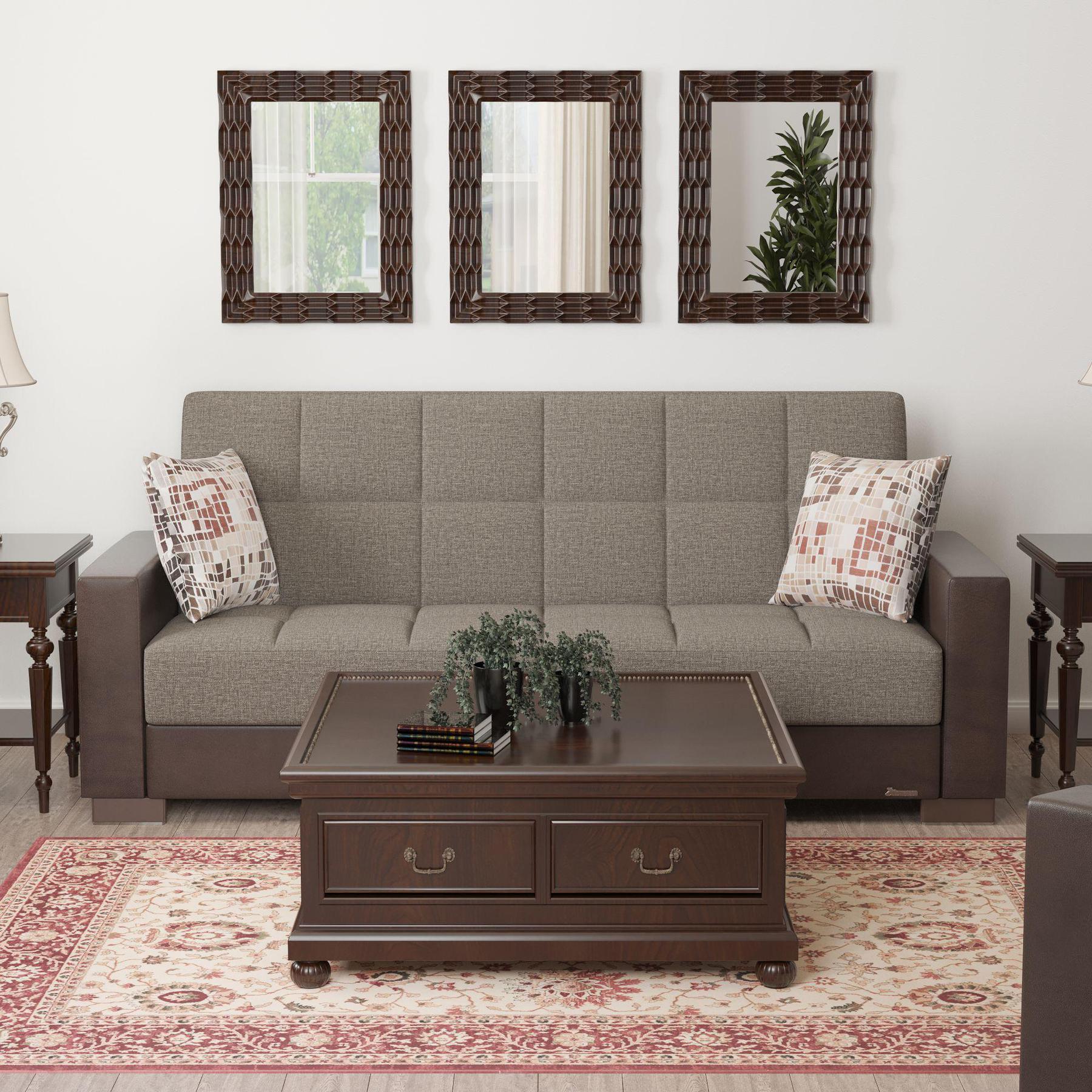 Modern design, Tannin Brown, Dark Brown , Chenille, Artificial Leather upholstered convertible sleeper Sofabed with underseat storage from Voyage Track by Ottomanson in living room lifestyle setting by itself. This Sofabed measures 90 inches width by 36 inches depth by 41 inches height.