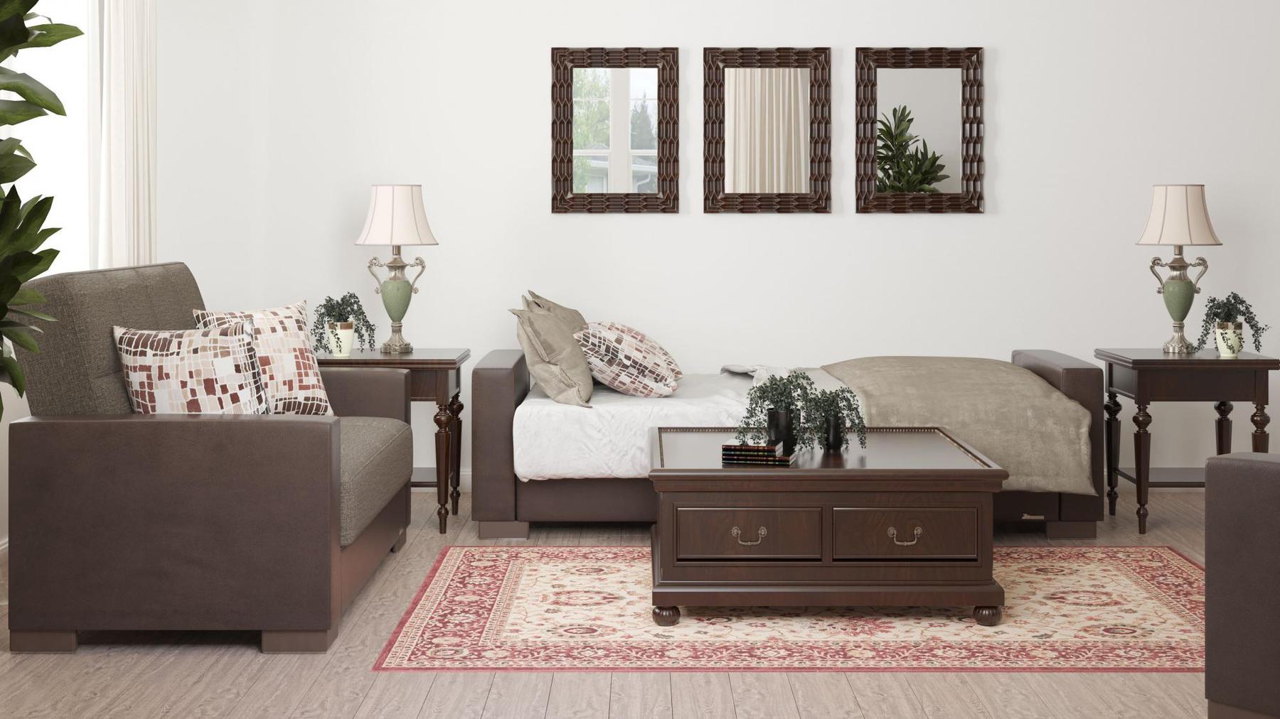 Modern design, Tannin Brown, Dark Brown , Chenille, Artificial Leather  upholstered convertible sleeper Sofabed with underseat storage from Voyage Track by Ottomanson in living room lifestyle setting converted to sleeper. This Sofabed measures 90 inches width by 36 inches depth by 41 inches height.