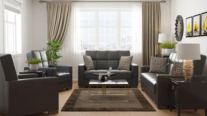 Modern design, Black , Artificial Leather upholstered convertible sleeper Loveseat with underseat storage from Voyage Track by Ottomanson in living room lifestyle setting with the matching furniture set. This Loveseat measures 67 inches width by 36 inches depth by 41 inches height.