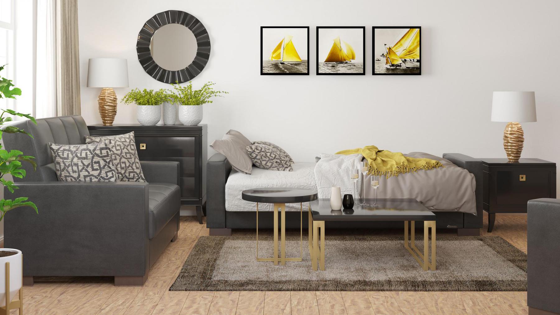 Modern design, Black , Artificial Leather  upholstered convertible sleeper Sofabed with underseat storage from Voyage Track by Ottomanson in living room lifestyle setting converted to sleeper. This Sofabed measures 90 inches width by 36 inches depth by 41 inches height.