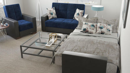 Modern design, Snorkel Blue, Black , Microfiber, Artificial Leather  upholstered convertible Armchair with underseat storage from Voyage Track by Ottomanson in living room lifestyle setting converted to sleeper. This Armchair measures 38 inches width by 36 inches depth by 41 inches height.