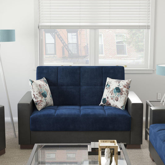 Modern design, Snorkel Blue, Black , Microfiber, Artificial Leather upholstered convertible sleeper Loveseat with underseat storage from Voyage Track by Ottomanson in living room lifestyle setting by itself. This Loveseat measures 67 inches width by 36 inches depth by 41 inches height.