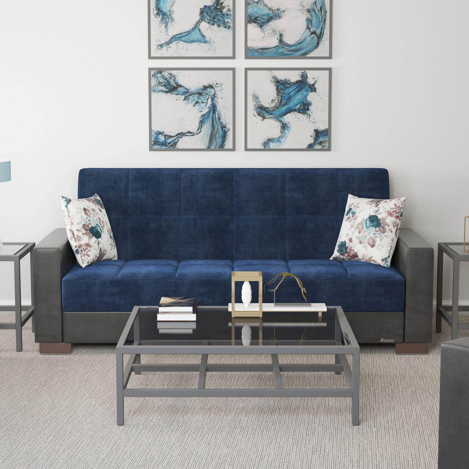 Modern design, Snorkel Blue, Black , Microfiber, Artificial Leather upholstered convertible sleeper Sofabed with underseat storage from Voyage Track by Ottomanson in living room lifestyle setting by itself. This Sofabed measures 90 inches width by 36 inches depth by 41 inches height.