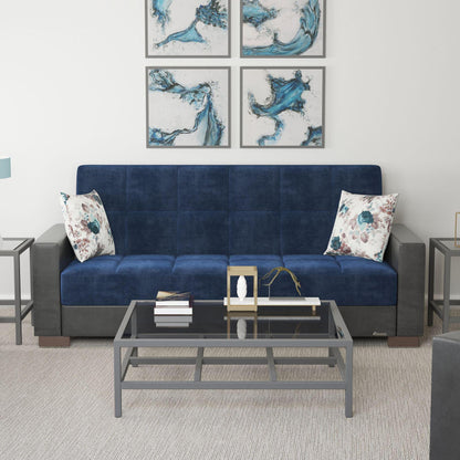 Modern design, Snorkel Blue, Black , Microfiber, Artificial Leather upholstered convertible sleeper Sofabed with underseat storage from Voyage Track by Ottomanson in living room lifestyle setting by itself. This Sofabed measures 90 inches width by 36 inches depth by 41 inches height.