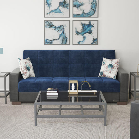 Modern design, Snorkel Blue, Black , Microfiber, Artificial Leather upholstered convertible sleeper Sofabed with underseat storage from Voyage Track by Ottomanson in living room lifestyle setting by itself. This Sofabed measures 90 inches width by 36 inches depth by 41 inches height.