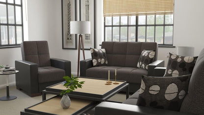 Modern design, Dark Slate Gray, Black , Chenille, Artificial Leather upholstered convertible Armchair with underseat storage from Voyage Track by Ottomanson in living room lifestyle setting with another piece of furniture. This Armchair measures 38 inches width by 36 inches depth by 41 inches height.
