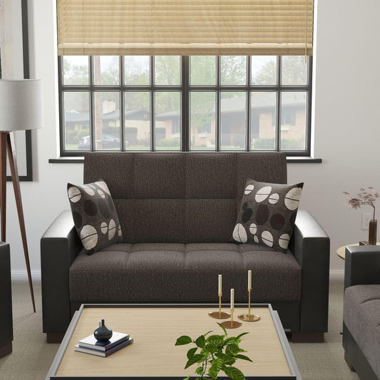 Modern design, Dark Slate Gray, Black , Chenille, Artificial Leather upholstered convertible sleeper Loveseat with underseat storage from Voyage Track by Ottomanson in living room lifestyle setting by itself. This Loveseat measures 67 inches width by 36 inches depth by 41 inches height.