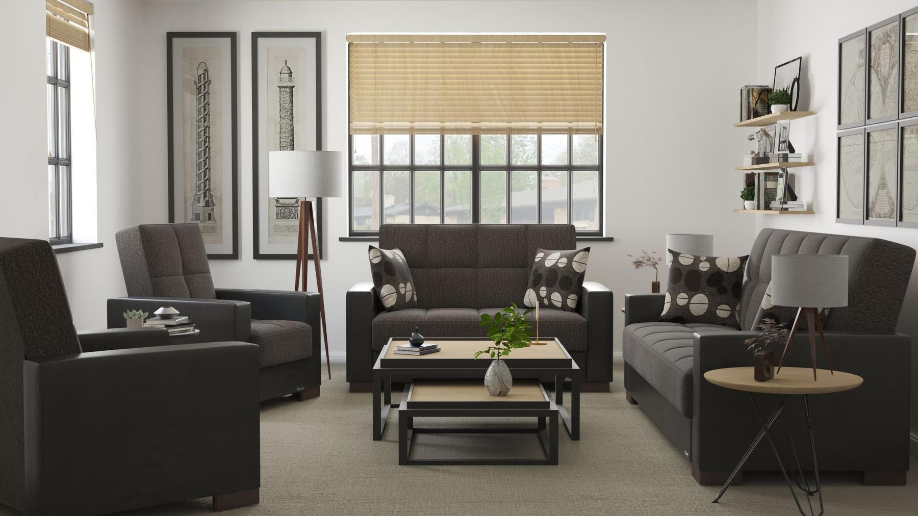 Modern design, Dark Slate Gray, Black , Chenille, Artificial Leather upholstered convertible sleeper Loveseat with underseat storage from Voyage Track by Ottomanson in living room lifestyle setting with the matching furniture set. This Loveseat measures 67 inches width by 36 inches depth by 41 inches height.