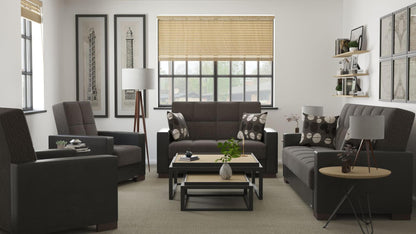 Modern design, Dark Slate Gray, Black , Chenille, Artificial Leather upholstered convertible sleeper Loveseat with underseat storage from Voyage Track by Ottomanson in living room lifestyle setting with the matching furniture set. This Loveseat measures 67 inches width by 36 inches depth by 41 inches height.