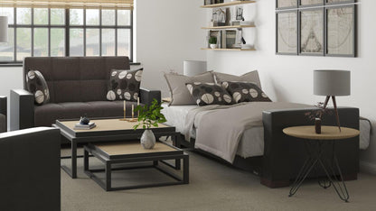 Modern design, Dark Slate Gray, Black , Chenille, Artificial Leather  upholstered convertible sleeper Loveseat with underseat storage from Voyage Track by Ottomanson in living room lifestyle setting converted to sleeper. This Loveseat measures 67 inches width by 36 inches depth by 41 inches height.
