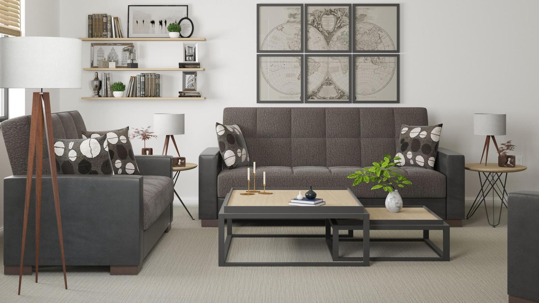 Modern design, Dark Slate Gray, Black , Chenille, Artificial Leather upholstered convertible sleeper Sofabed with underseat storage from Voyage Track by Ottomanson in living room lifestyle setting with another piece of furniture. This Sofabed measures 90 inches width by 36 inches depth by 41 inches height.