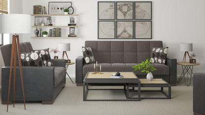 Modern design, Dark Slate Gray, Black , Chenille, Artificial Leather upholstered convertible sleeper Sofabed with underseat storage from Voyage Track by Ottomanson in living room lifestyle setting with another piece of furniture. This Sofabed measures 90 inches width by 36 inches depth by 41 inches height.