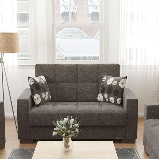 Modern design, Dark Slate Gray , Chenille upholstered convertible sleeper Loveseat with underseat storage from Voyage Track by Ottomanson in living room lifestyle setting by itself. This Loveseat measures 67 inches width by 36 inches depth by 41 inches height.