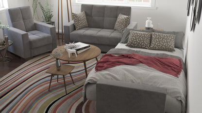 Modern design, Pewter Gray , Microfiber  upholstered convertible Armchair with underseat storage from Voyage Track by Ottomanson in living room lifestyle setting converted to sleeper. This Armchair measures 38 inches width by 36 inches depth by 41 inches height.