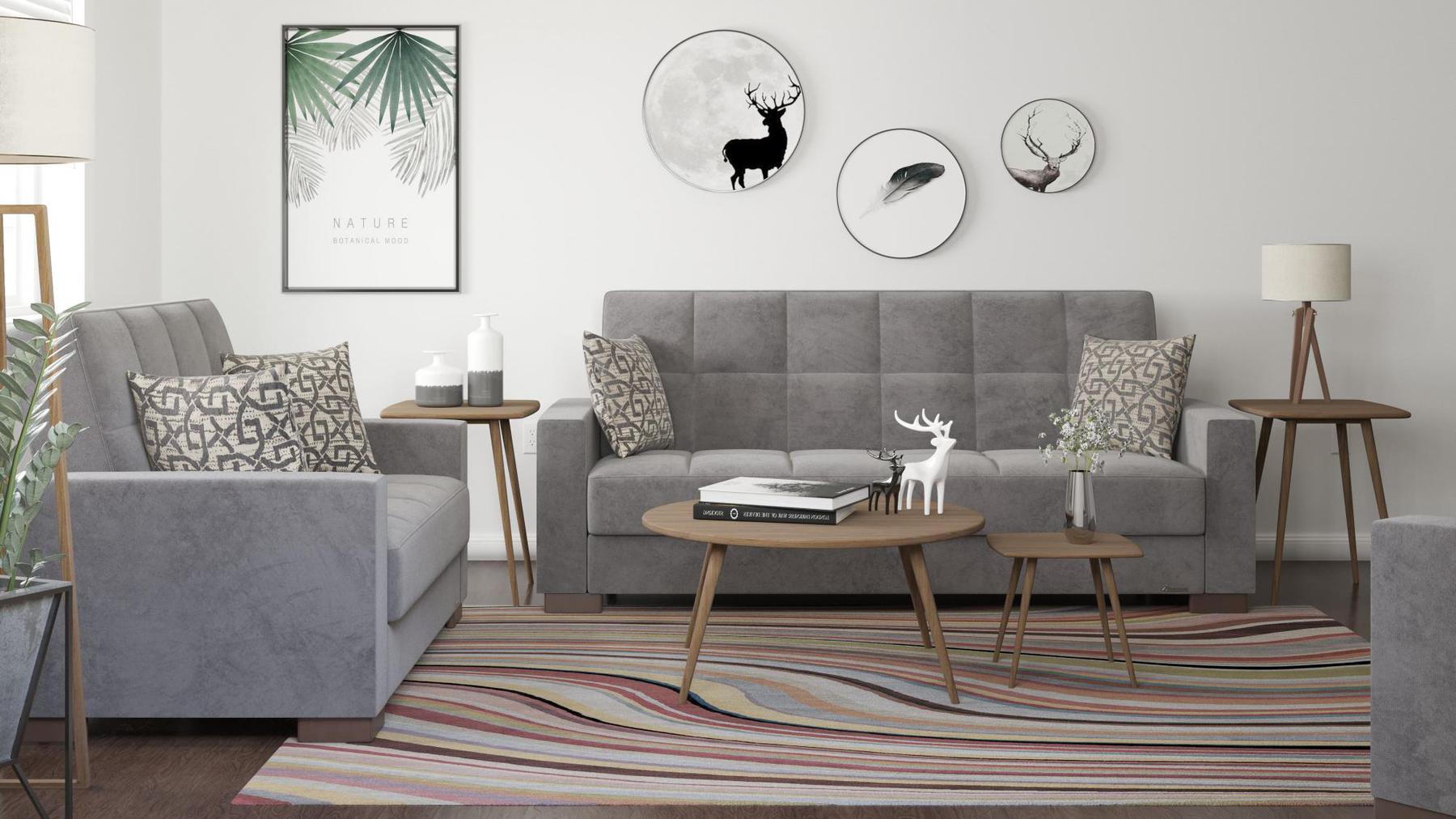 Modern design, Pewter Gray , Microfiber upholstered convertible sleeper Sofabed with underseat storage from Voyage Track by Ottomanson in living room lifestyle setting with another piece of furniture. This Sofabed measures 90 inches width by 36 inches depth by 41 inches height.