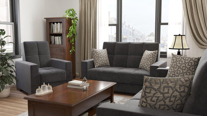 Modern design, Black , Microfiber upholstered convertible Armchair with underseat storage from Voyage Track by Ottomanson in living room lifestyle setting with another piece of furniture. This Armchair measures 38 inches width by 36 inches depth by 41 inches height.