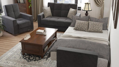Modern design, Black , Microfiber  upholstered convertible Armchair with underseat storage from Voyage Track by Ottomanson in living room lifestyle setting converted to sleeper. This Armchair measures 38 inches width by 36 inches depth by 41 inches height.