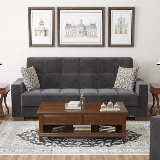 Modern design, Black , Microfiber upholstered convertible sleeper Sofabed with underseat storage from Voyage Track by Ottomanson in living room lifestyle setting by itself. This Sofabed measures 90 inches width by 36 inches depth by 41 inches height.