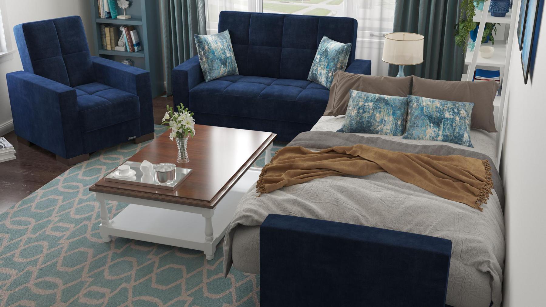 Modern design, True Blue , Microfiber  upholstered convertible Armchair with underseat storage from Voyage Track by Ottomanson in living room lifestyle setting converted to sleeper. This Armchair measures 38 inches width by 36 inches depth by 41 inches height.