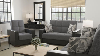 Modern design, Salt and Pepper Gray, Black , Chenille, Artificial Leather upholstered convertible Armchair with underseat storage from Voyage Track by Ottomanson in living room lifestyle setting with another piece of furniture. This Armchair measures 38 inches width by 36 inches depth by 41 inches height.