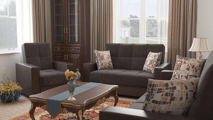 Modern design, Friar Brown, Dark Brown , Microfiber, Artificial Leather upholstered convertible Armchair with underseat storage from Voyage Track by Ottomanson in living room lifestyle setting with another piece of furniture. This Armchair measures 38 inches width by 36 inches depth by 41 inches height.